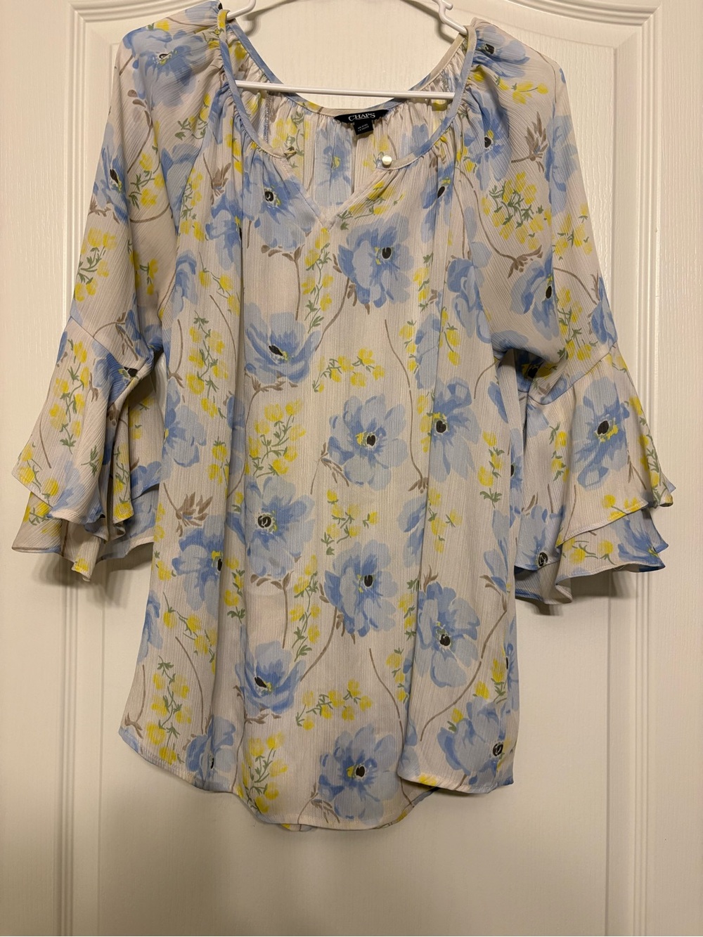 Chaps Light Blue Floral Ruffled Sleeve Blouse - Picture 4 of 10